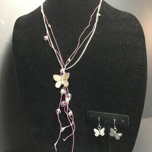 Butterfly Necklace Dangle Earrings 22 In Barbie Pink Cord Silver Chain Soft Girl